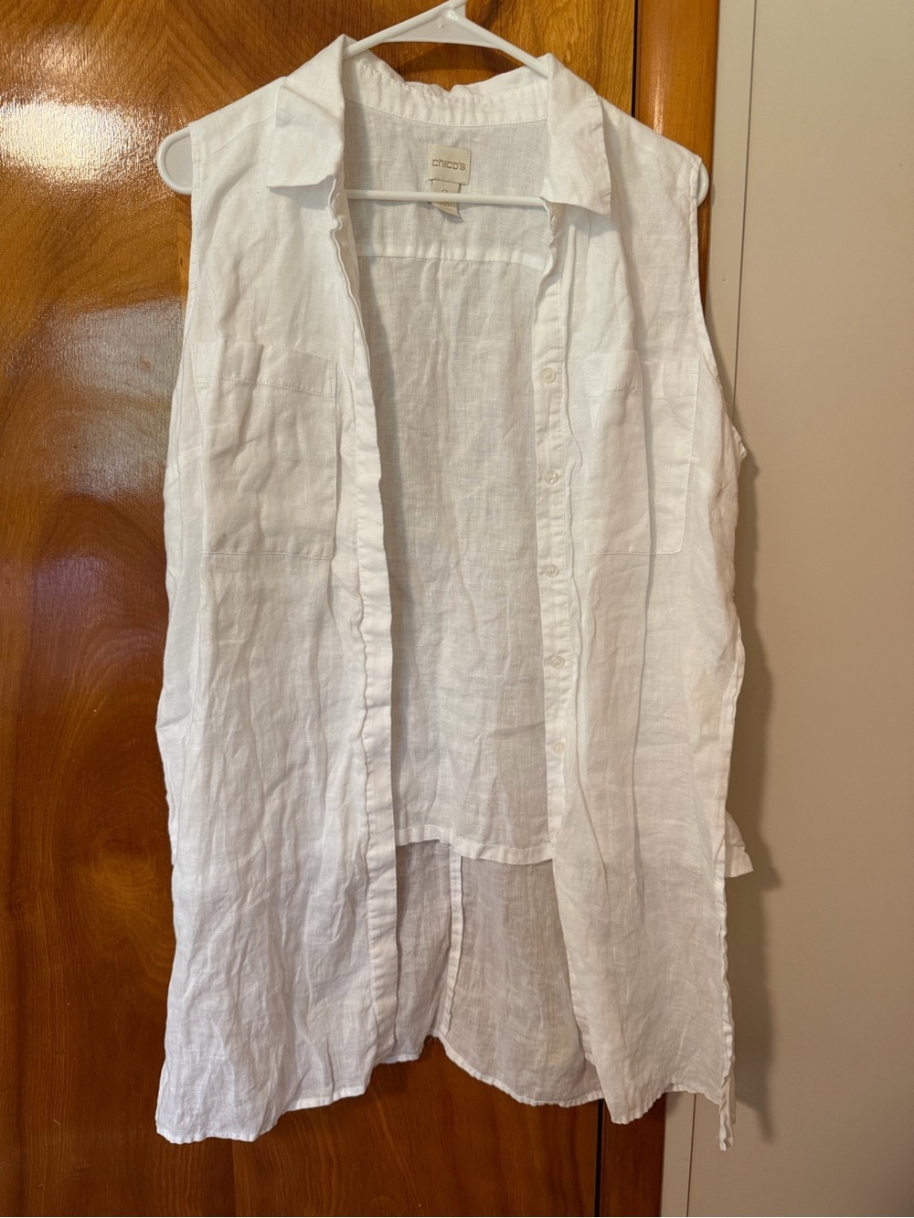 Chico's White Sleeveless Linen Button-Front Long Vest